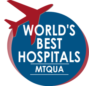 World's Best Hosiptals and Medical Travel Quality Alliance Logo. Blue circle with a red plane and the words World's Best Hospitals MTQUA